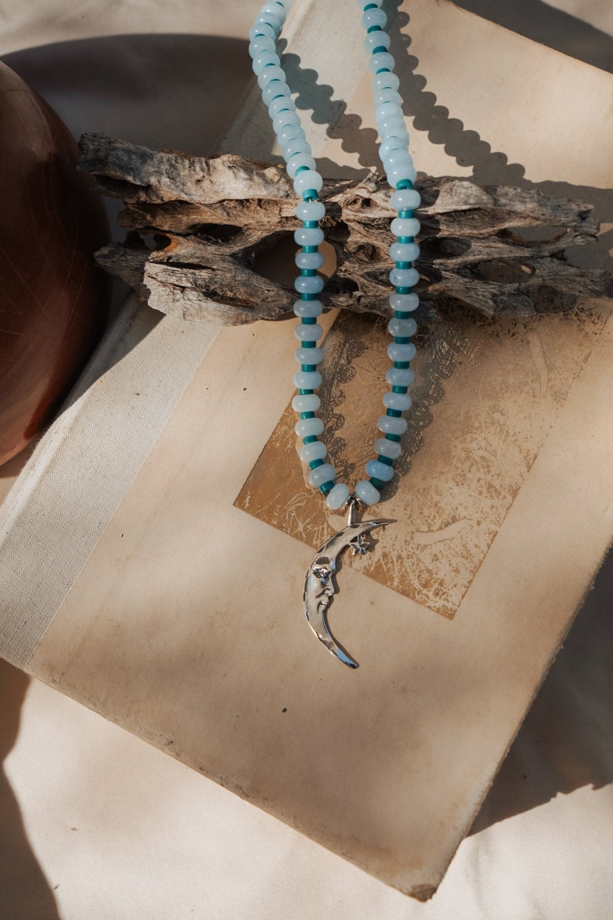 The Lunara Necklace in Aquamarine + Glass Beads