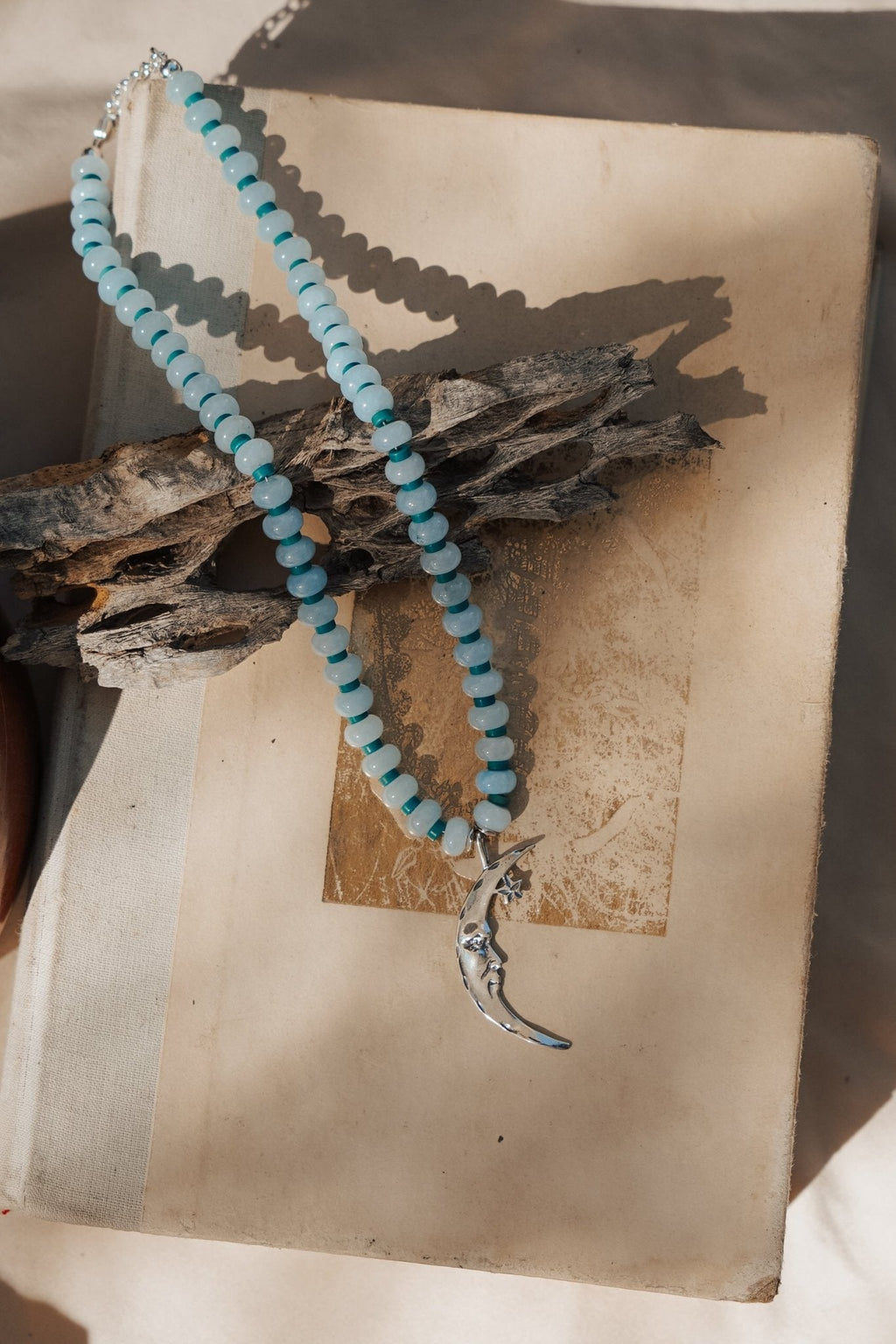The Lunara Necklace in Aquamarine + Glass Beads