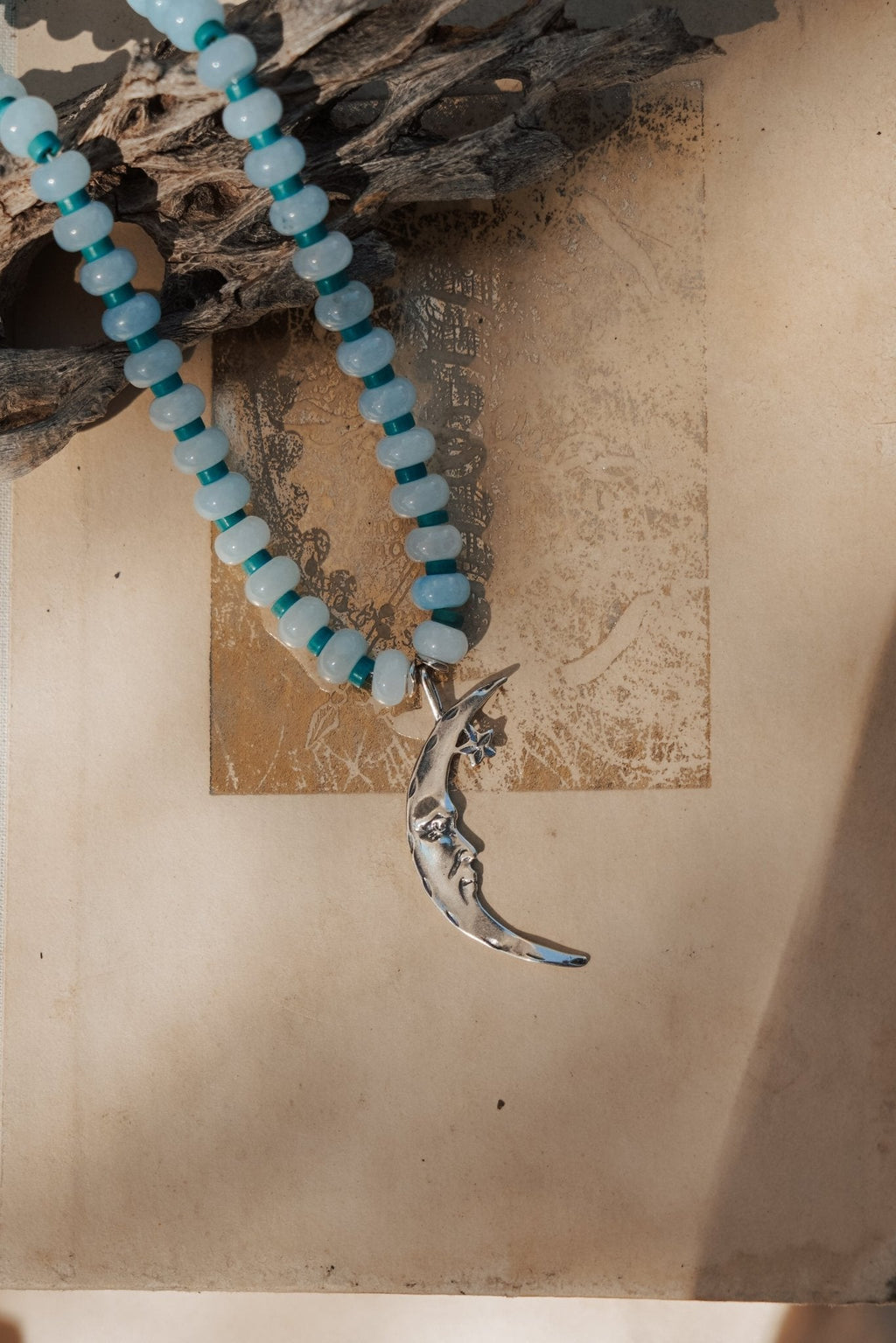 The Lunara Necklace in Aquamarine + Glass Beads