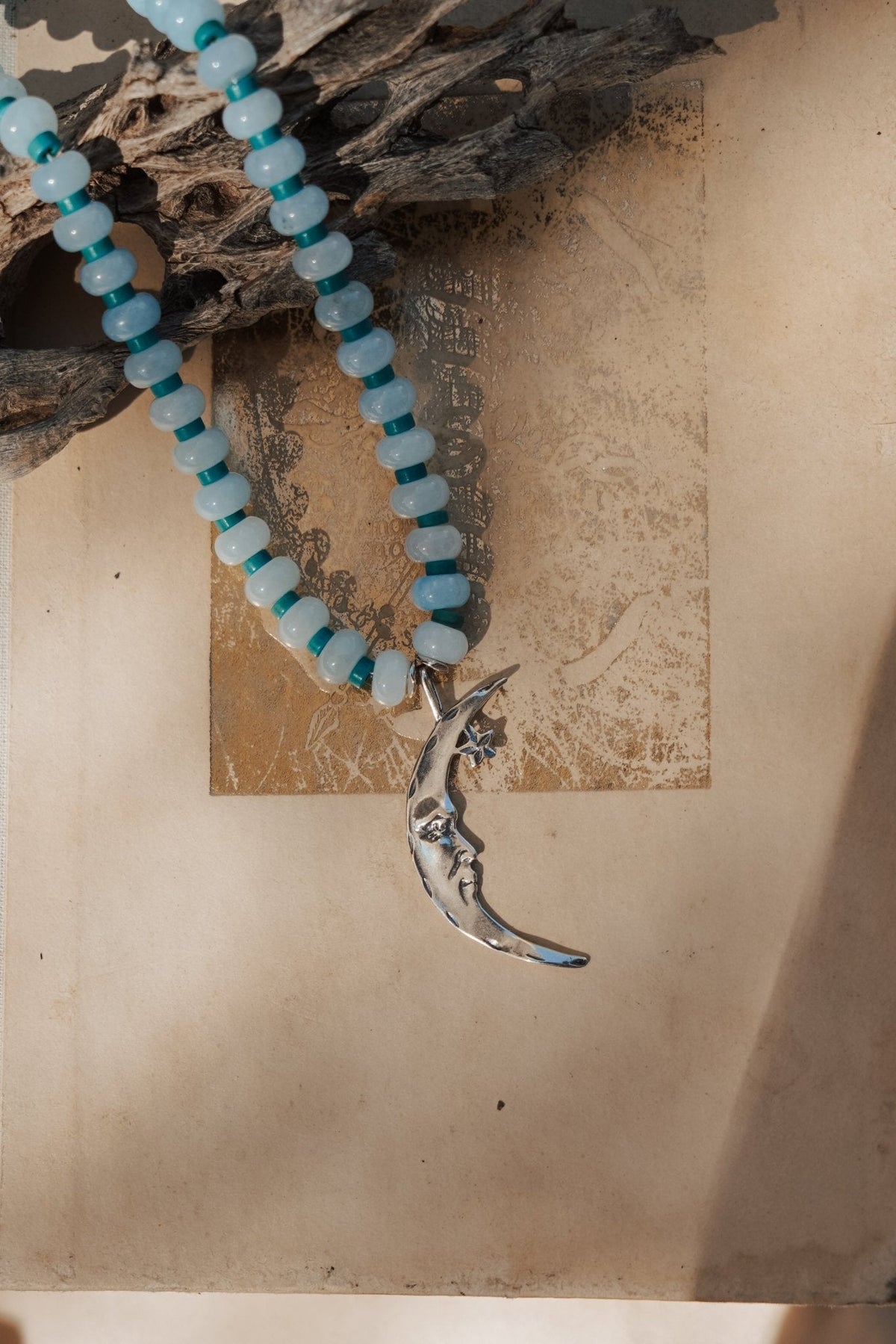 The Lunara Necklace in Aquamarine + Glass Beads