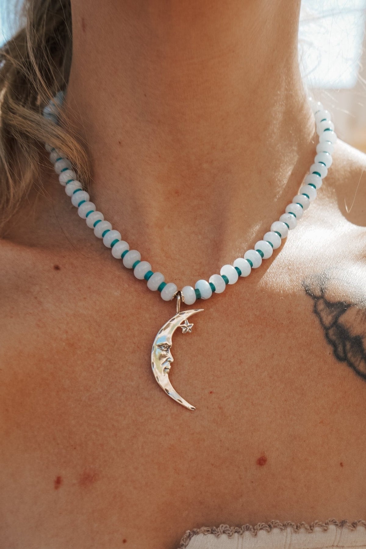 The Lunara Necklace in Aquamarine + Glass Beads