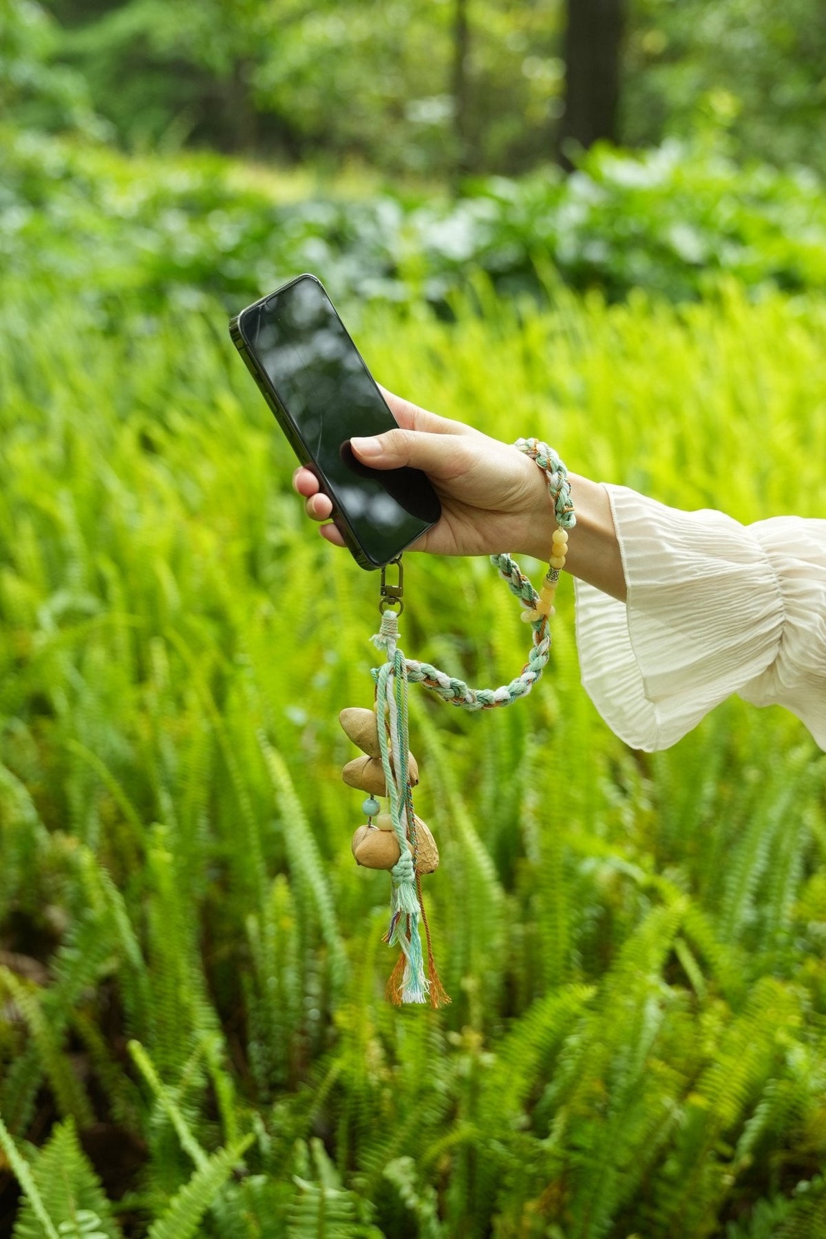 "The Meadow Breeze" - Macramé Phone Wristlet with Natural Seeds & Gemstones