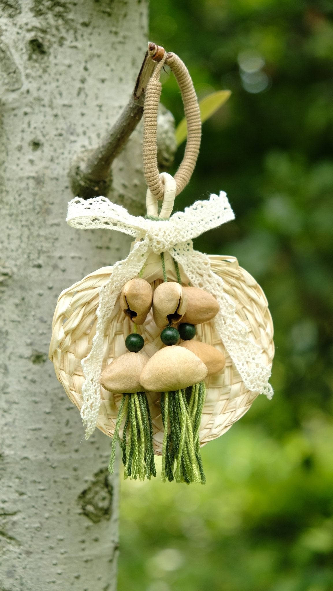 "The Meadow Breeze" - Woven Straw Fan Ornament with Lace & Green Tassels