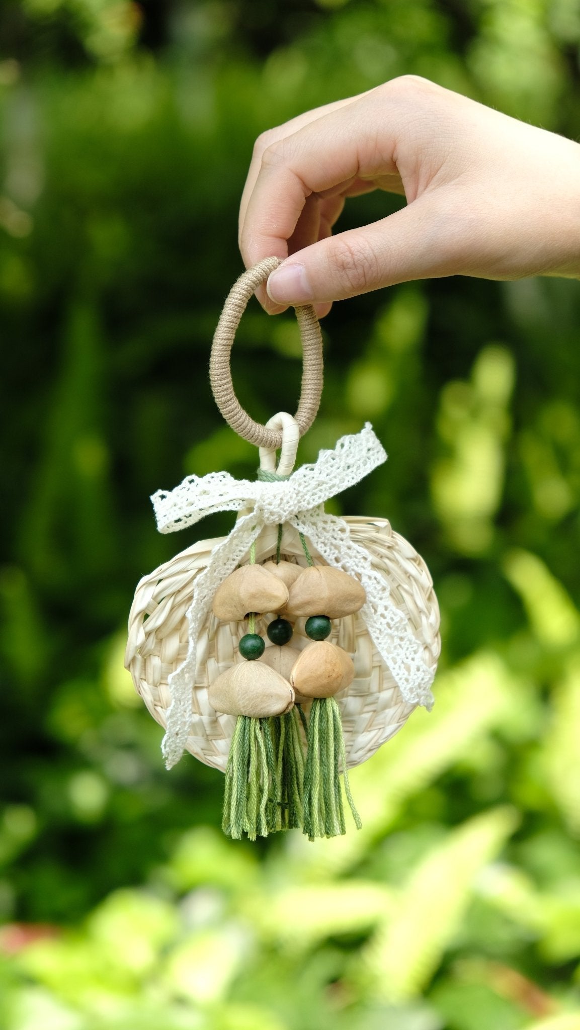 "The Meadow Breeze" - Woven Straw Fan Ornament with Lace & Green Tassels