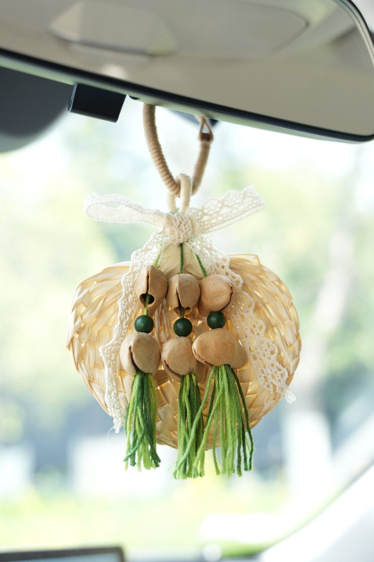 "The Meadow Breeze" - Woven Straw Fan Ornament with Lace & Green Tassels