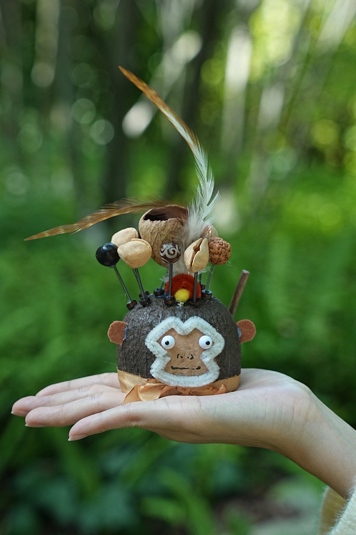 "The Monkey King Guardian" - Nut Shell Monkey Doll with Feathers & Staff
