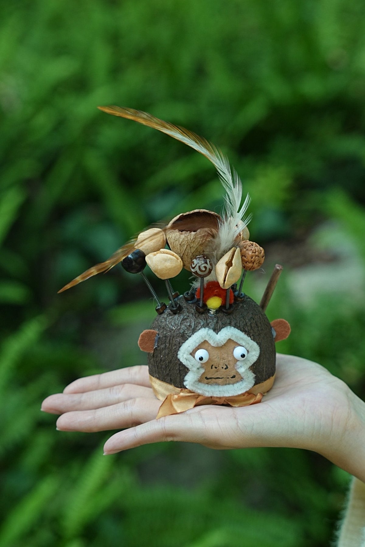 "The Monkey King Guardian" - Nut Shell Monkey Doll with Feathers & Staff