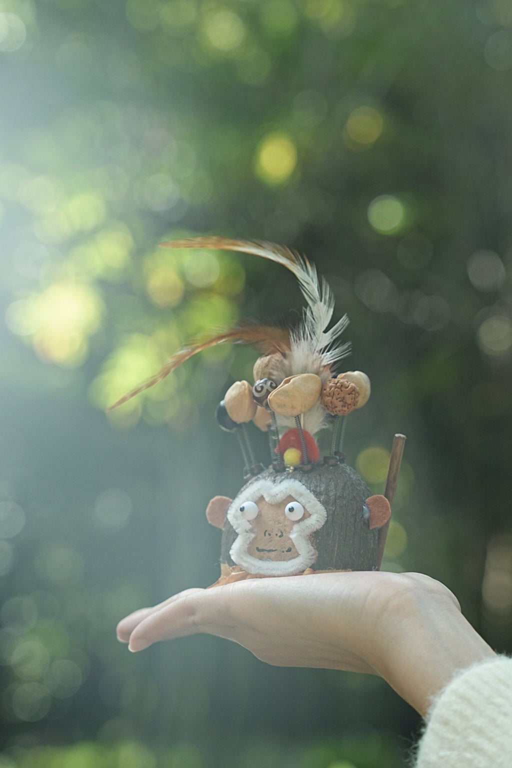 "The Monkey King Guardian" - Nut Shell Monkey Doll with Feathers & Staff