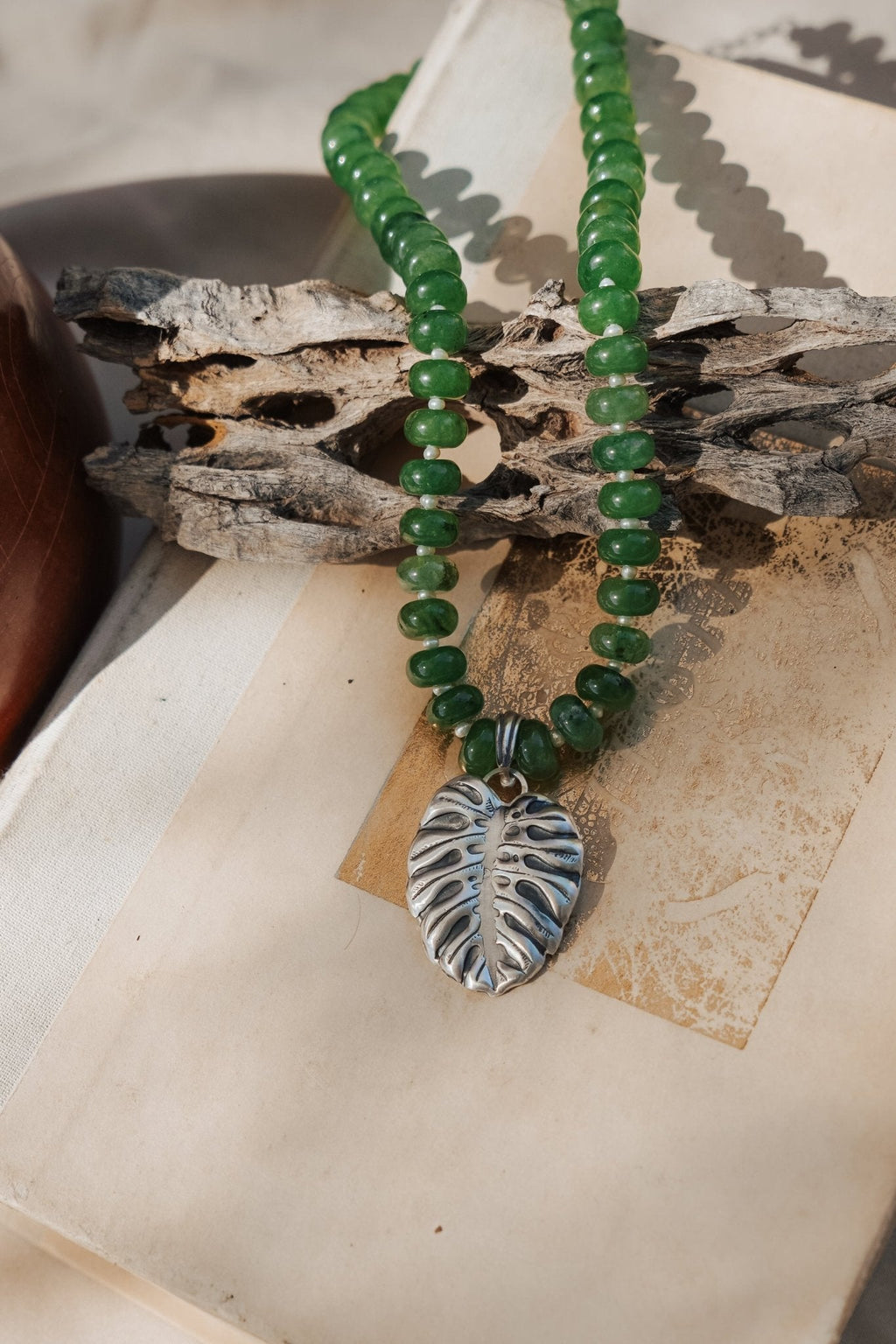 The Monsterra Necklace in Jade + Pearl Beads