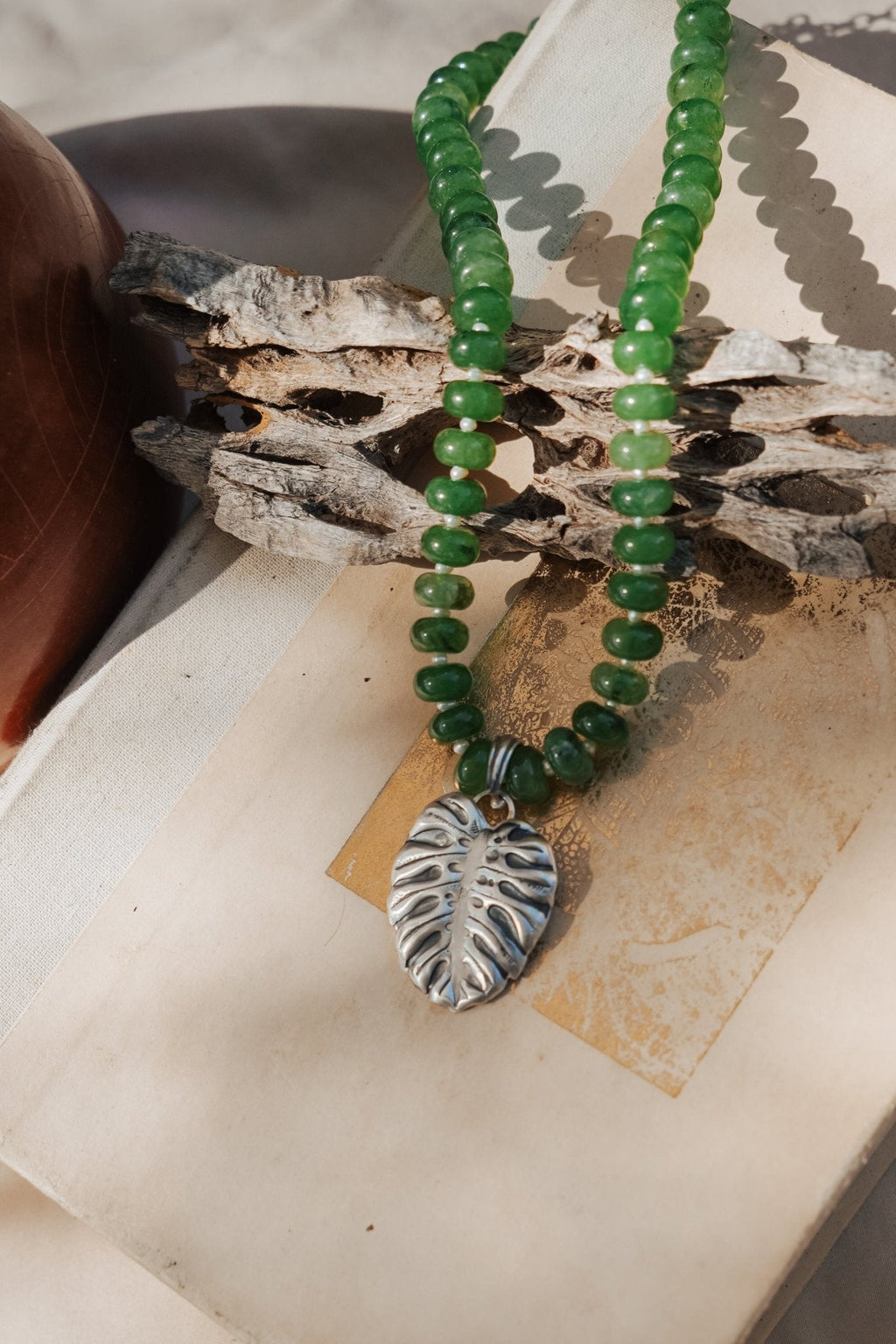 The Monsterra Necklace in Jade + Pearl Beads