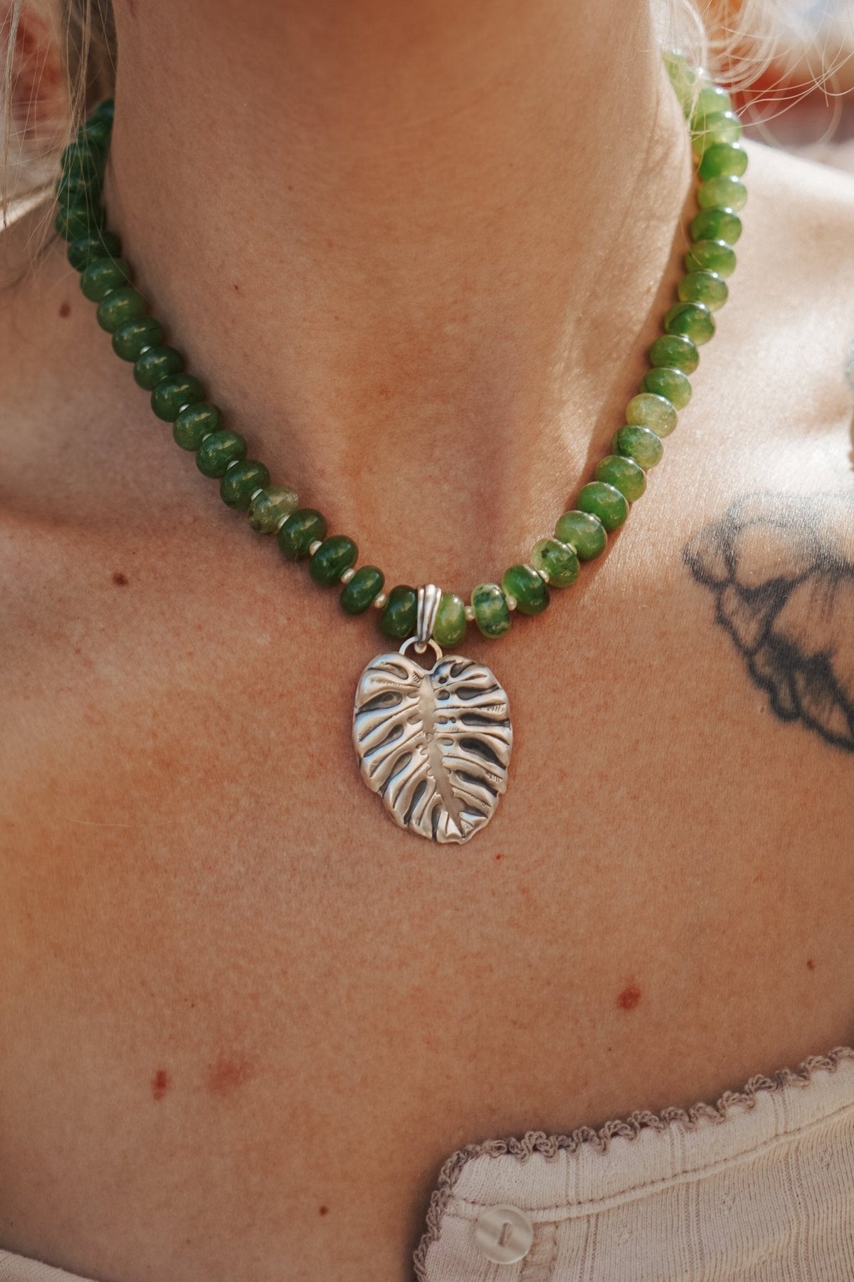 The Monsterra Necklace in Jade + Pearl Beads