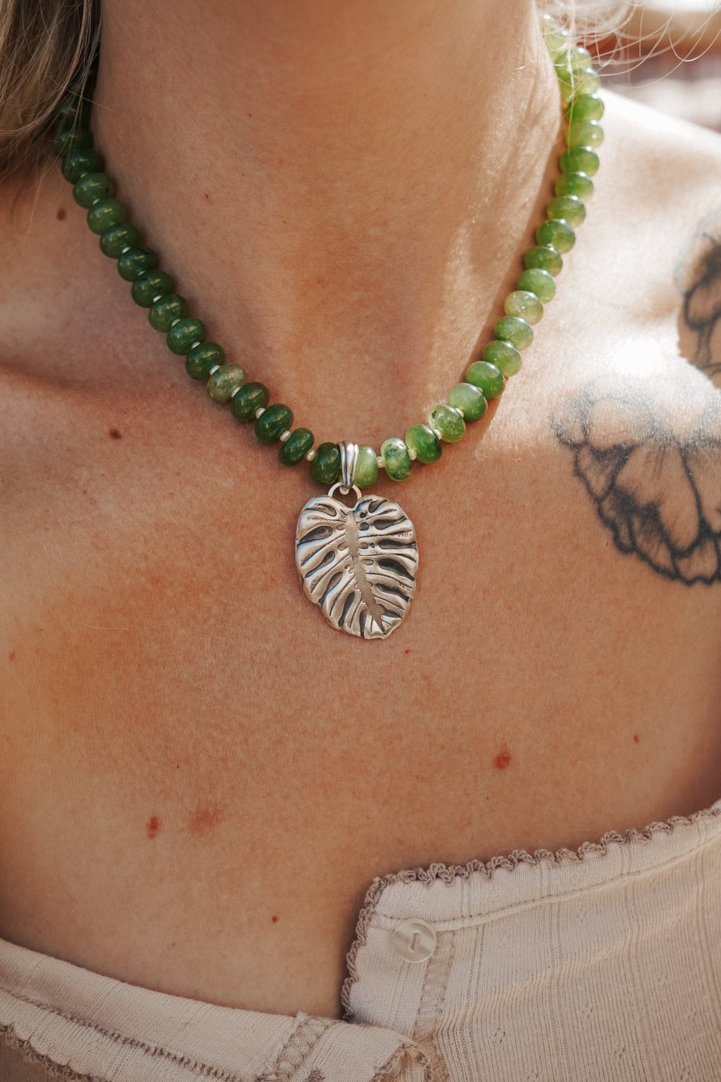 The Monsterra Necklace in Jade + Pearl Beads