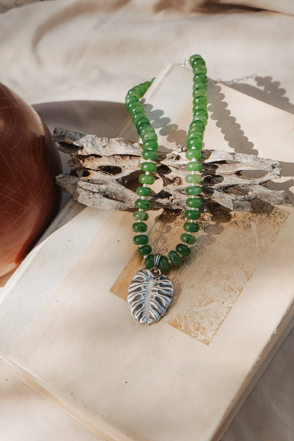 The Monsterra Necklace in Jade + Pearl Beads
