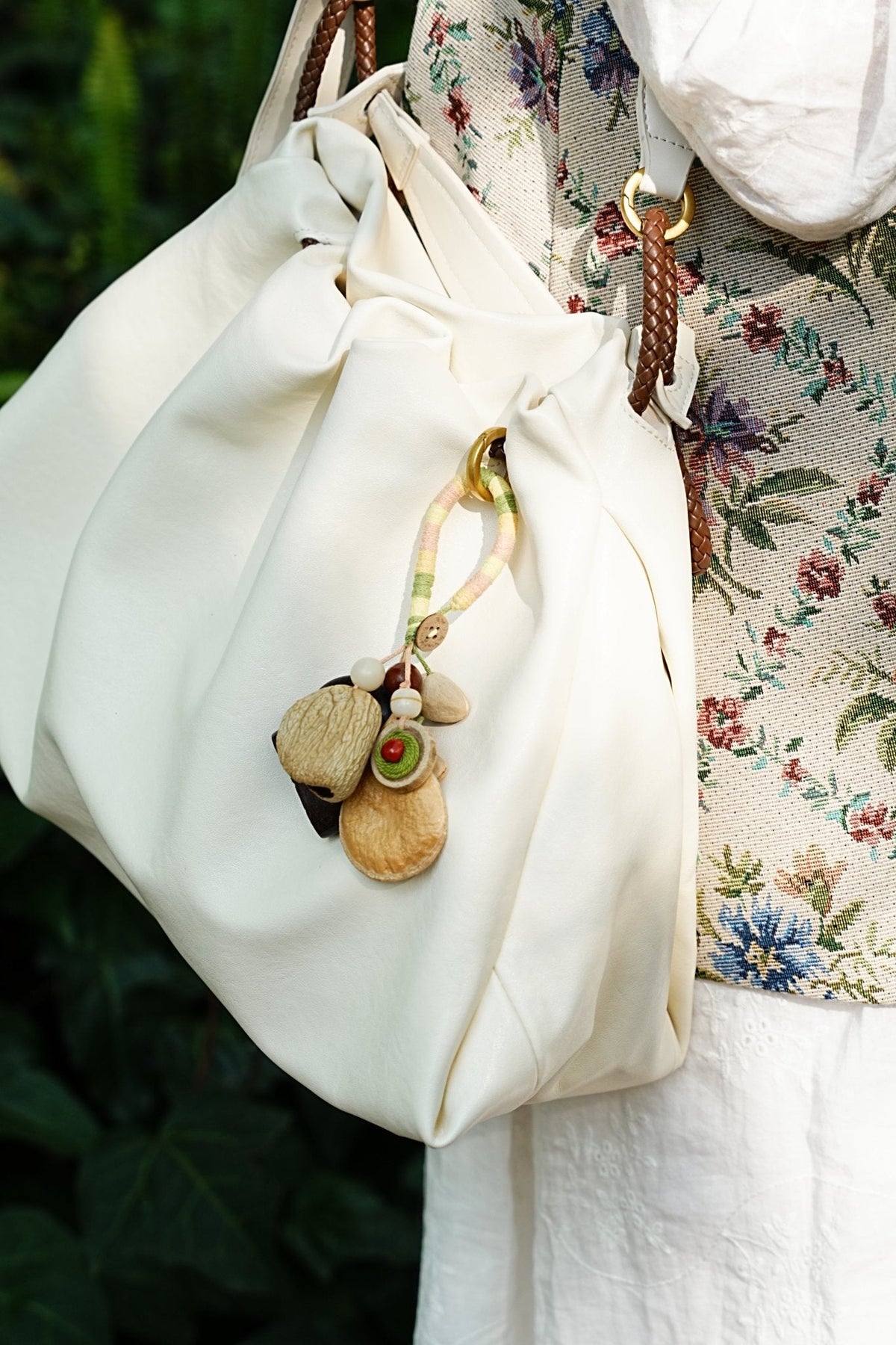 "The Pastel Picnic" - Hand-Wrapped Yarn Charm with Olive Detail & Seed Pods