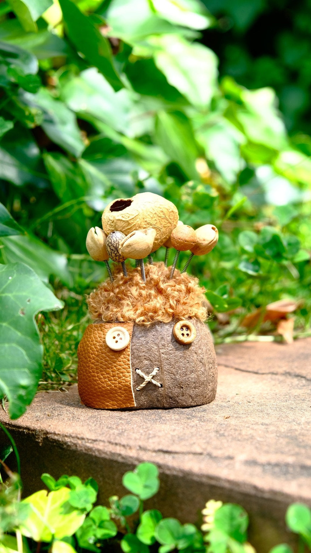 "The Patchwork Scarecrow" - Button-Eyed Nut Shell Doll with Leather Patch