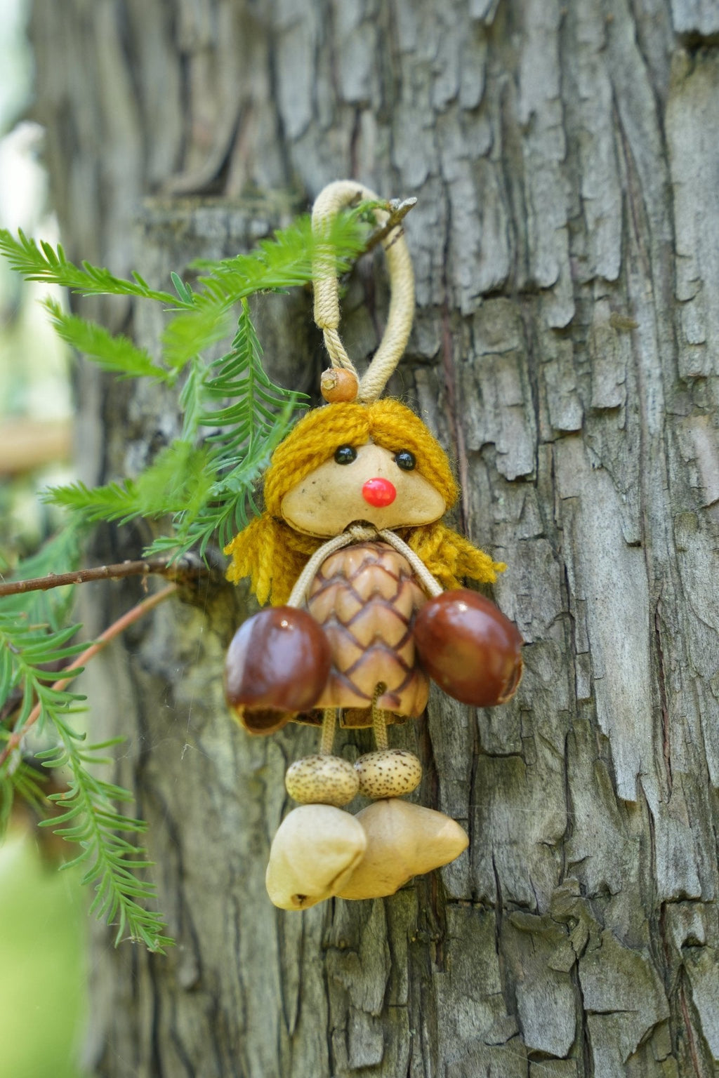"The Pinecone Pixie" - Handcrafted Nut Shell Doll Bag Charm with Yarn Hair
