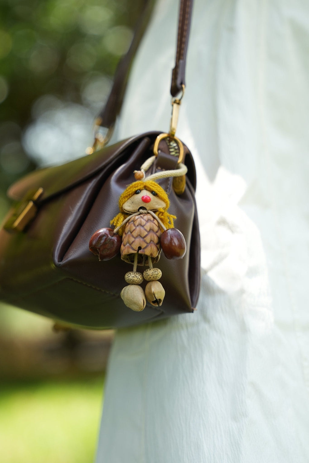 "The Pinecone Pixie" - Handcrafted Nut Shell Doll Bag Charm with Yarn Hair