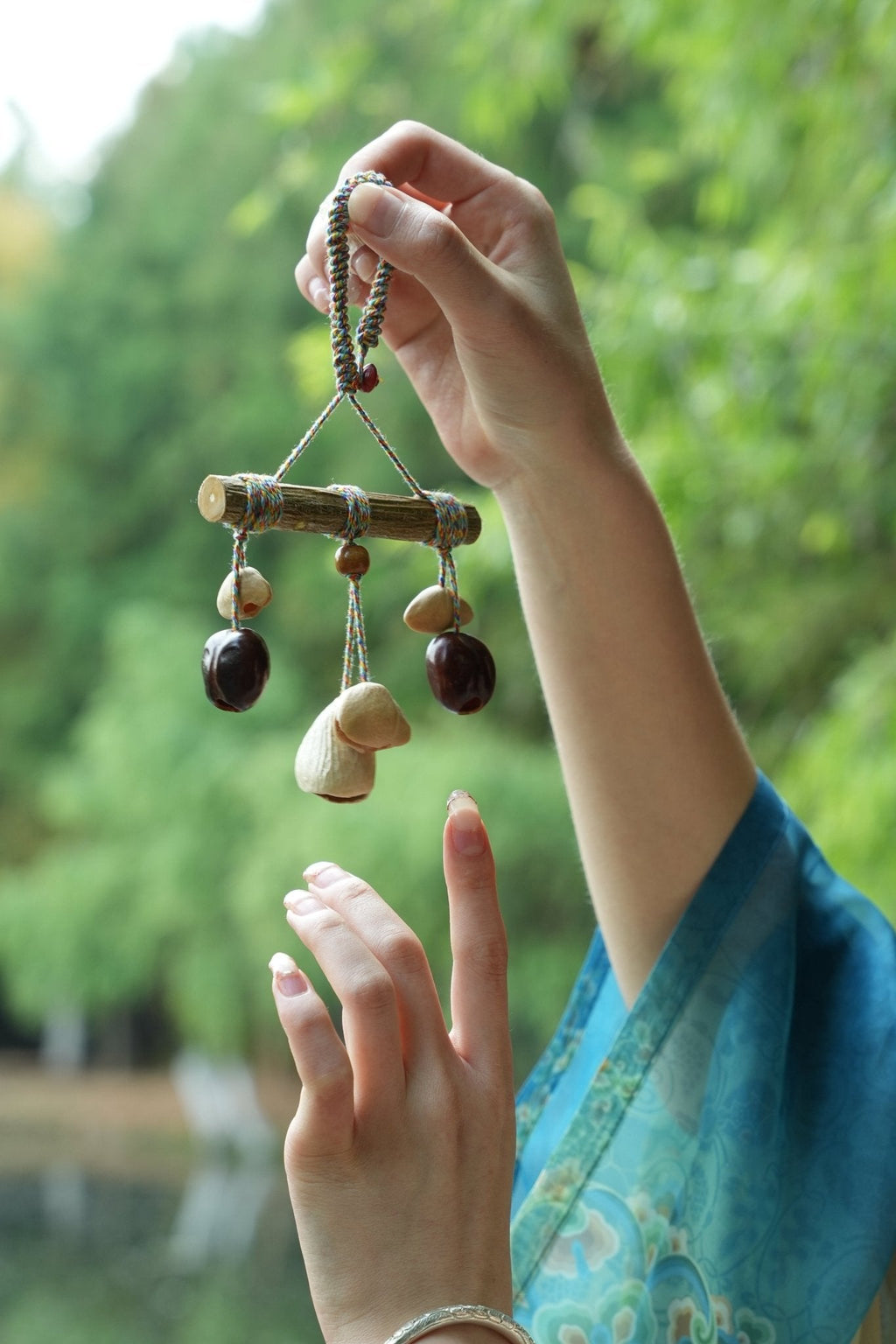 "The Rainbow Branch" - Natural Wood Mobile Charm with Colorful Thread & Seed Bells