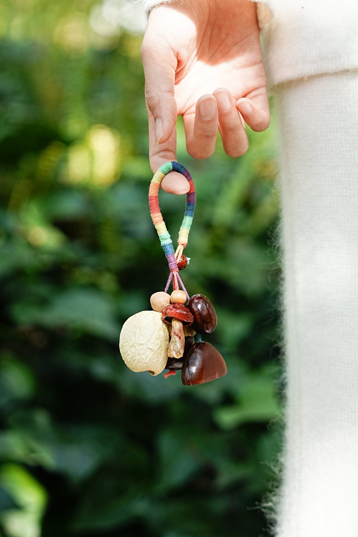 "The Rainbow Forager" - Rainbow Yarn Loop Charm with Natural Mushroom & Seeds