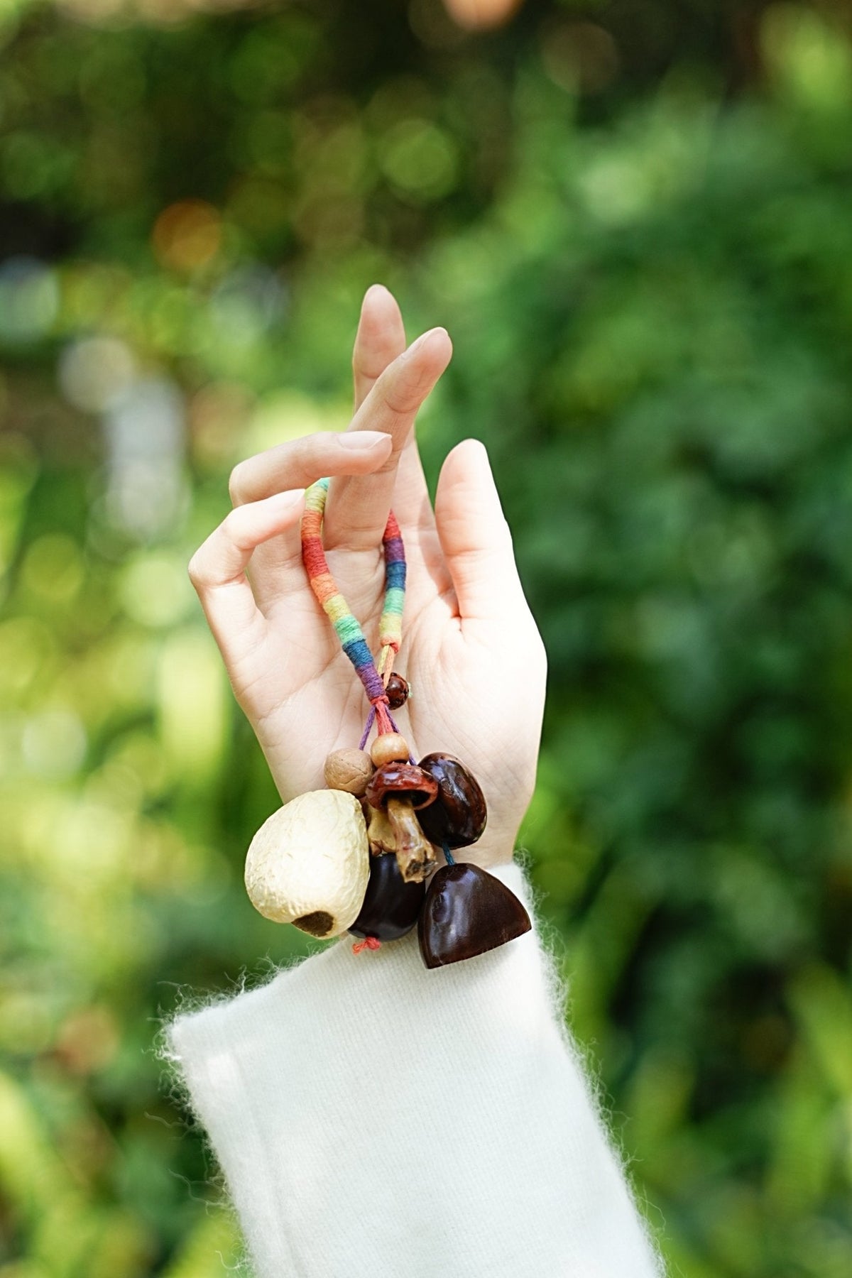 "The Rainbow Forager" - Rainbow Yarn Loop Charm with Natural Mushroom & Seeds