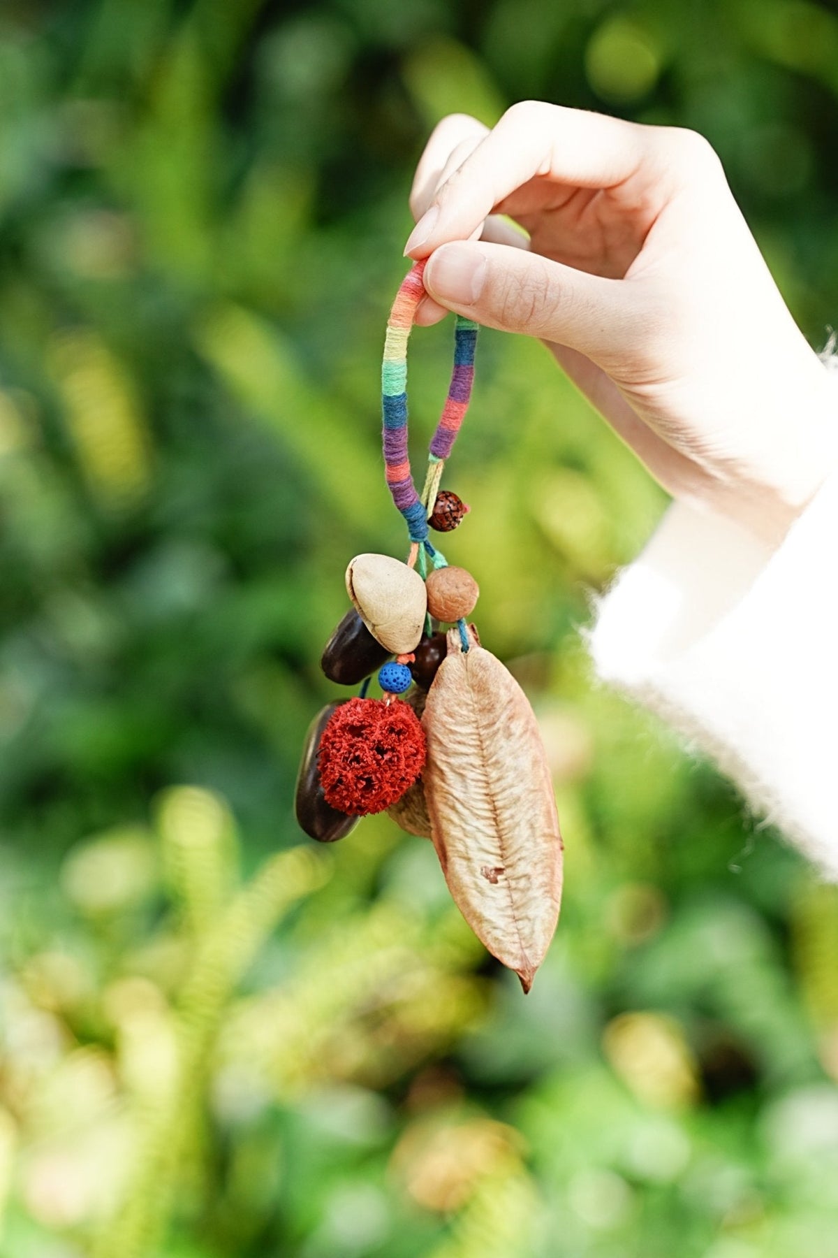 "The Rainbow Seed Charm" - Colorful Wrapped Bag Charm with Real Leaf Pods