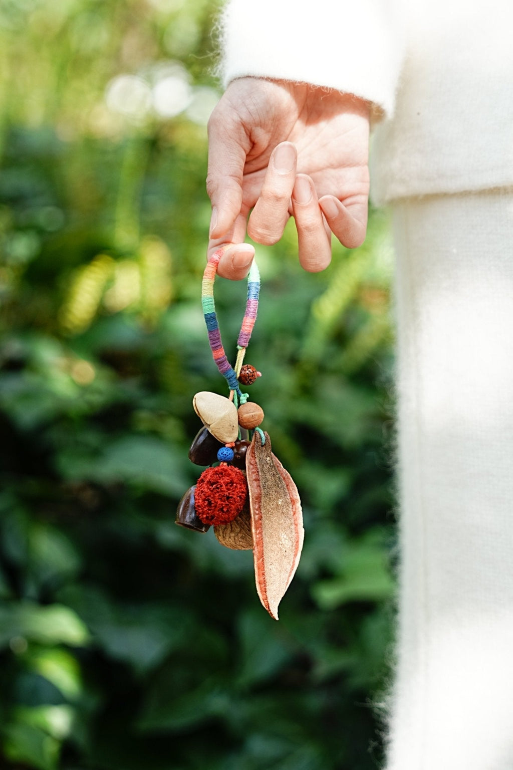 "The Rainbow Seed Charm" - Colorful Wrapped Bag Charm with Real Leaf Pods