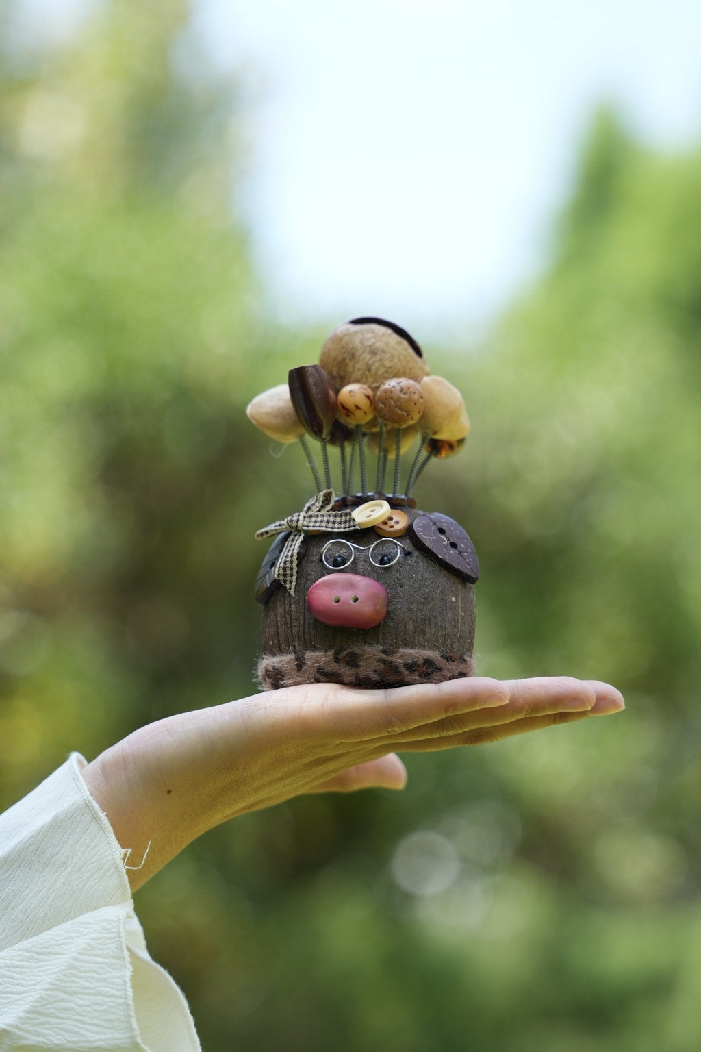 "The Scholar Piggy" - Smart Nut Shell Pig Doll with Glasses & Plaid Bow