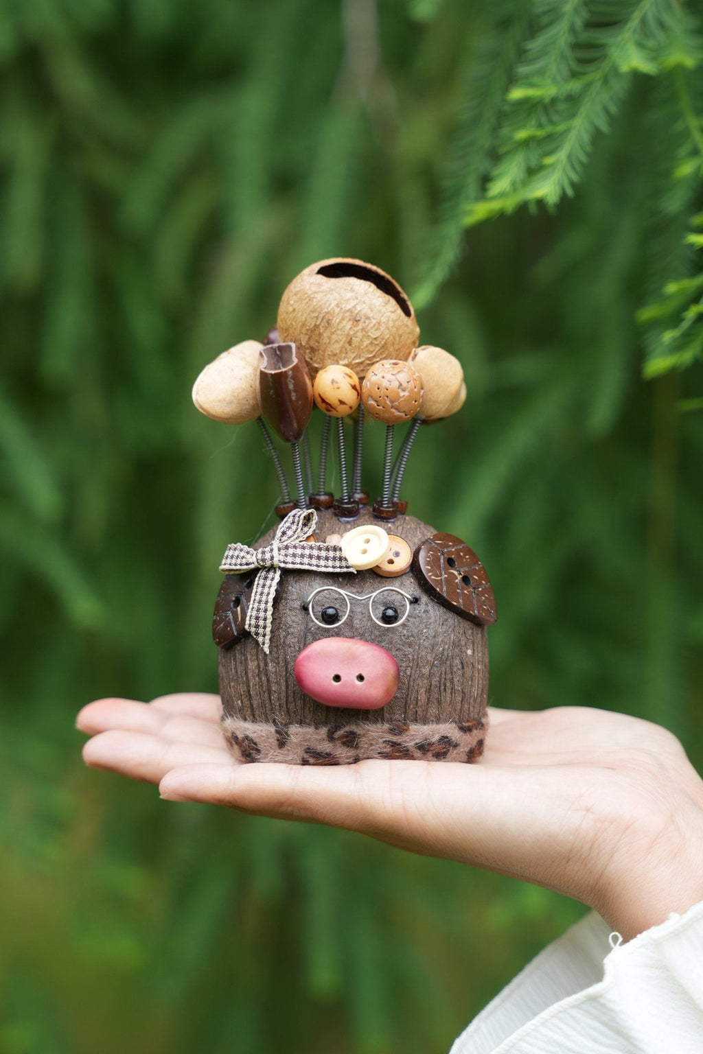 "The Scholar Piggy" - Smart Nut Shell Pig Doll with Glasses & Plaid Bow