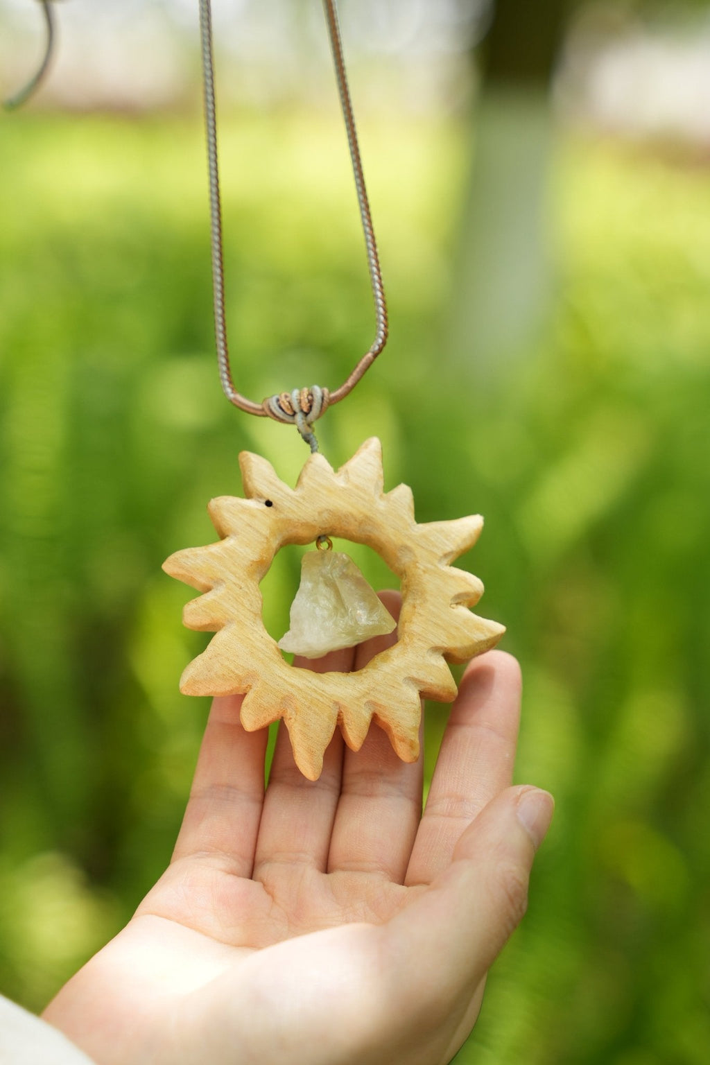 "The Solar Crystal" - Hand-Carved Wood Sun Pendant with Raw Floating Gemstone