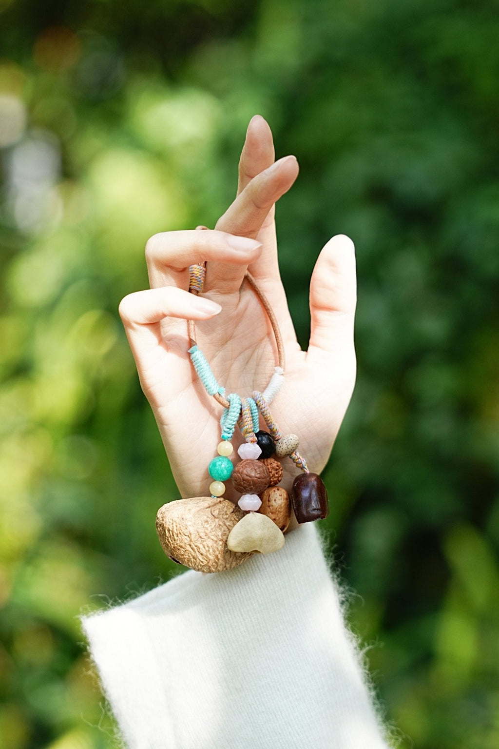 "The Spring Breeze" - Mint Green Wrapped Nut Shell Bag Charm with Turquoise Beads