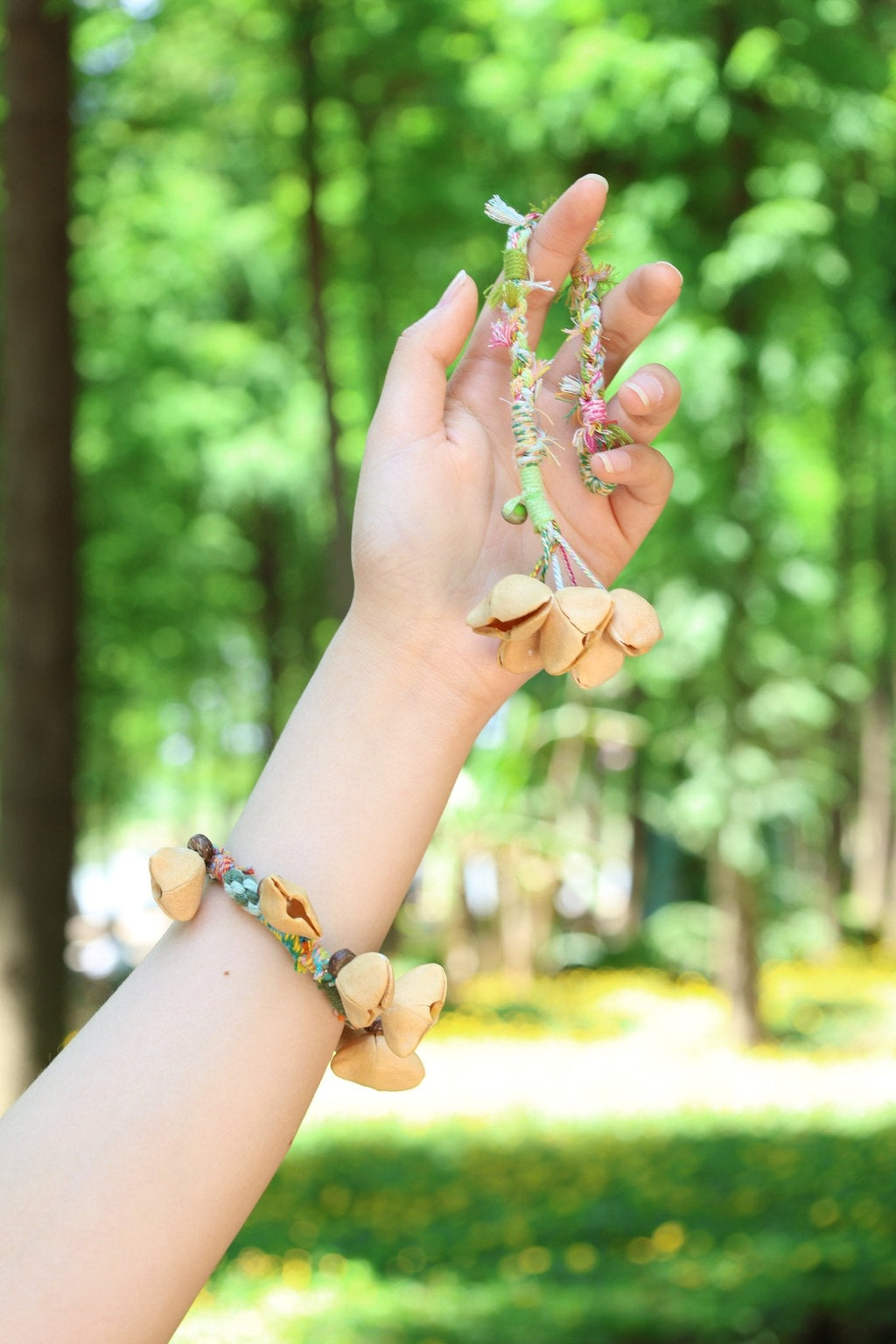 "The Spring Whisper" - Pastel Hand-Woven Bracelet with Nut Shell Bells