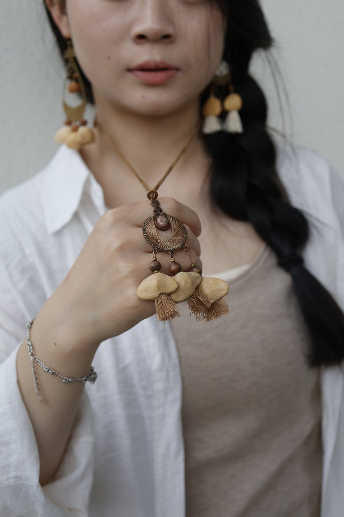 "The Sunset Weaver" - Bronze Woven Mandala Necklace with Natural Seeds & Brown Tassels