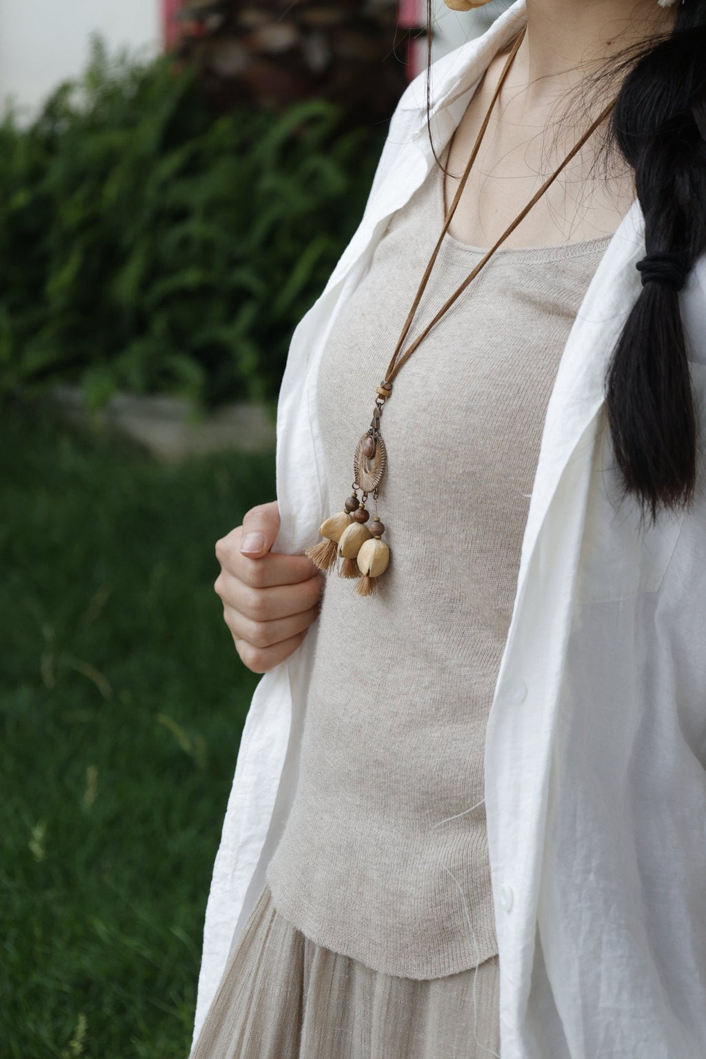 "The Sunset Weaver" - Bronze Woven Mandala Necklace with Natural Seeds & Brown Tassels