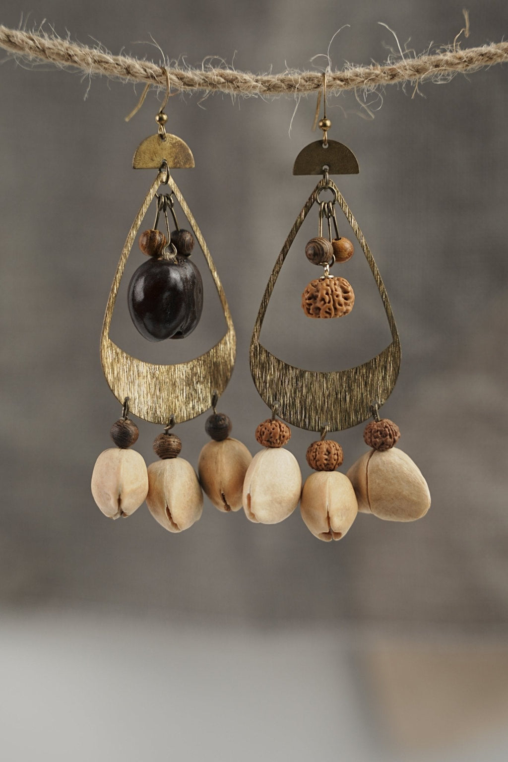"The Tribal Echo" - Asymmetrical Hammered Bronze & Natural Seed Statement Earrings