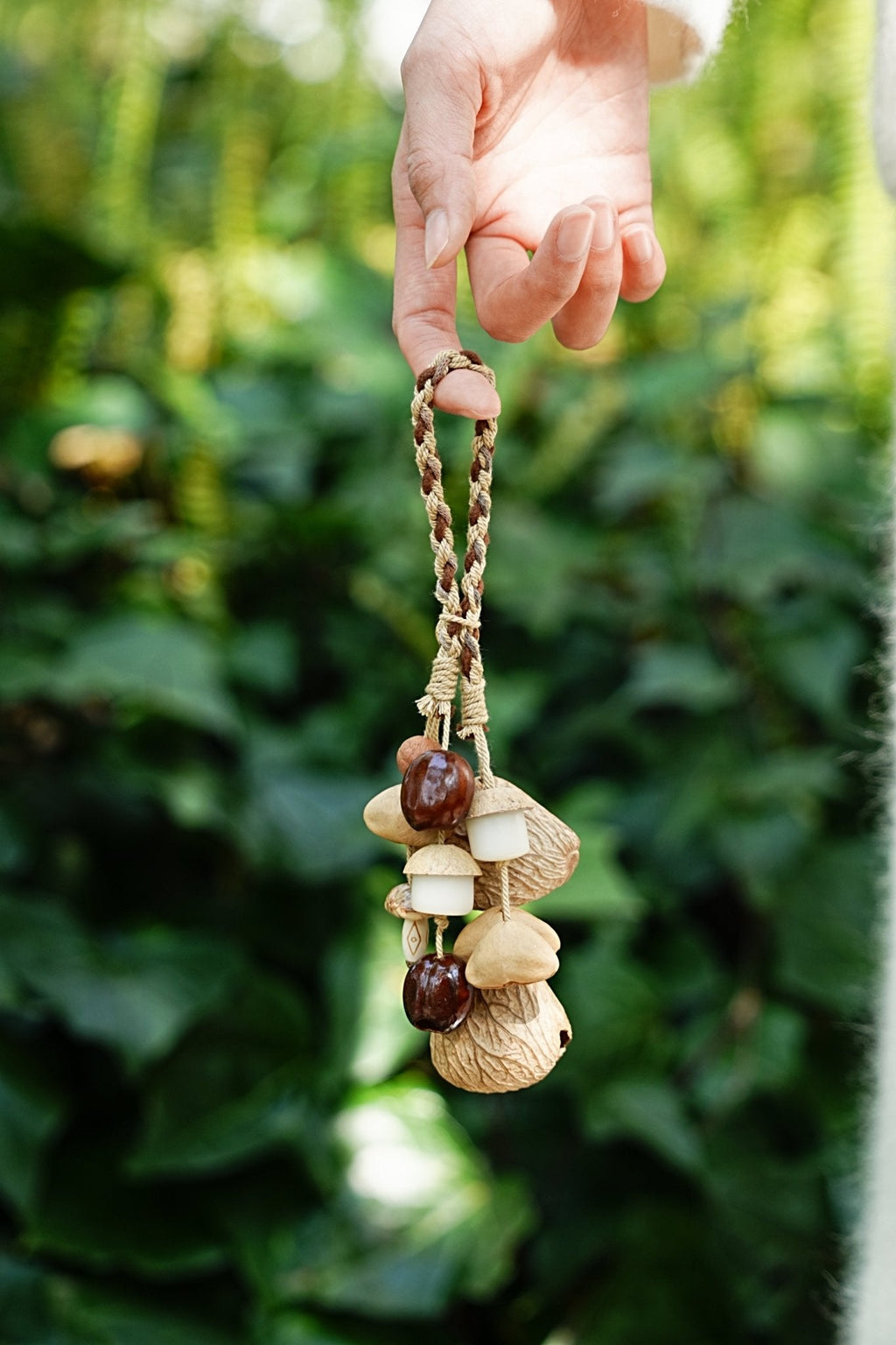 "The White Acorn Harvest" - Hand-Braided Bag Charm with White Bodhi & Natural Seeds