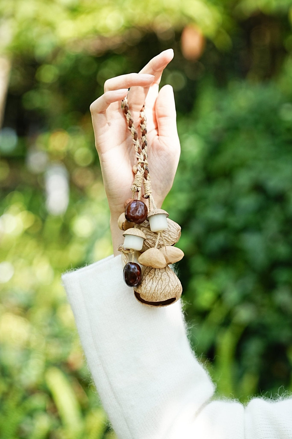 "The White Acorn Harvest" - Hand-Braided Bag Charm with White Bodhi & Natural Seeds