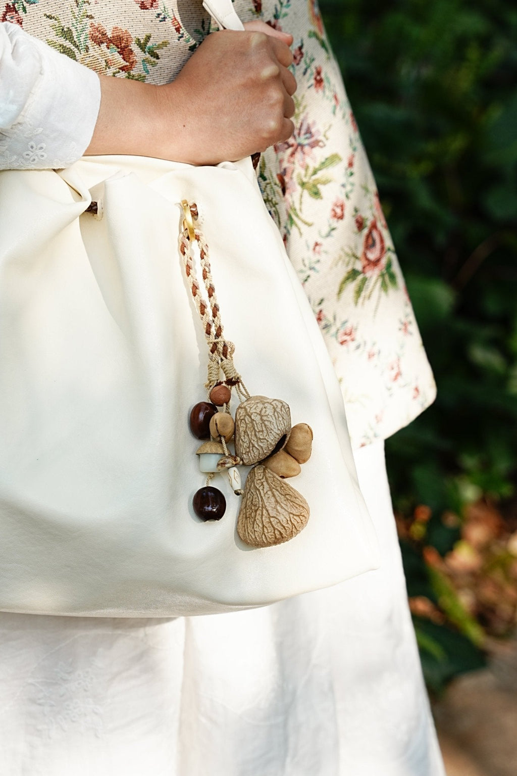 "The White Acorn Harvest" - Hand-Braided Bag Charm with White Bodhi & Natural Seeds