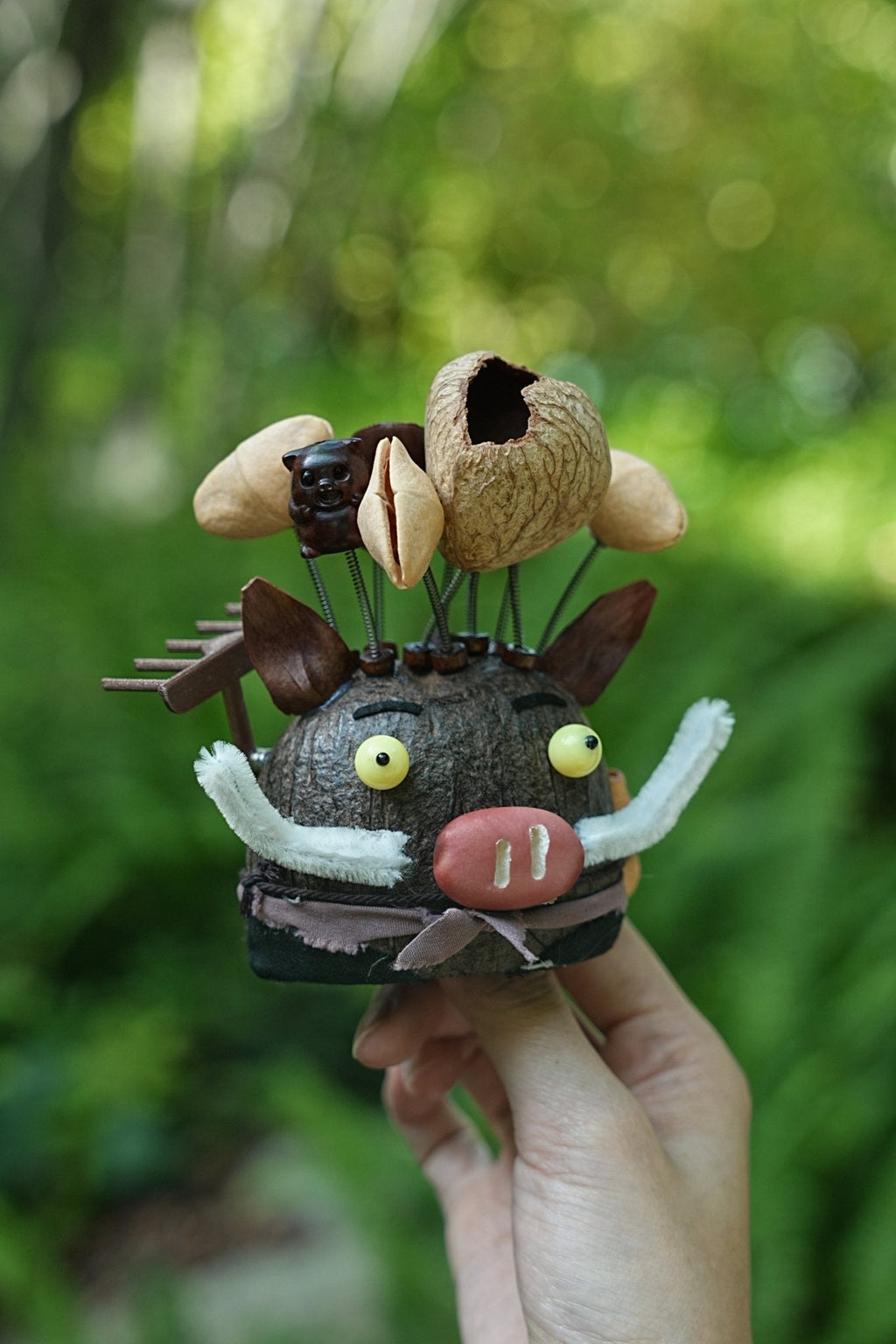 "The Wild Guardian" - Nut Shell Boar Doll with Rake & White Tusks