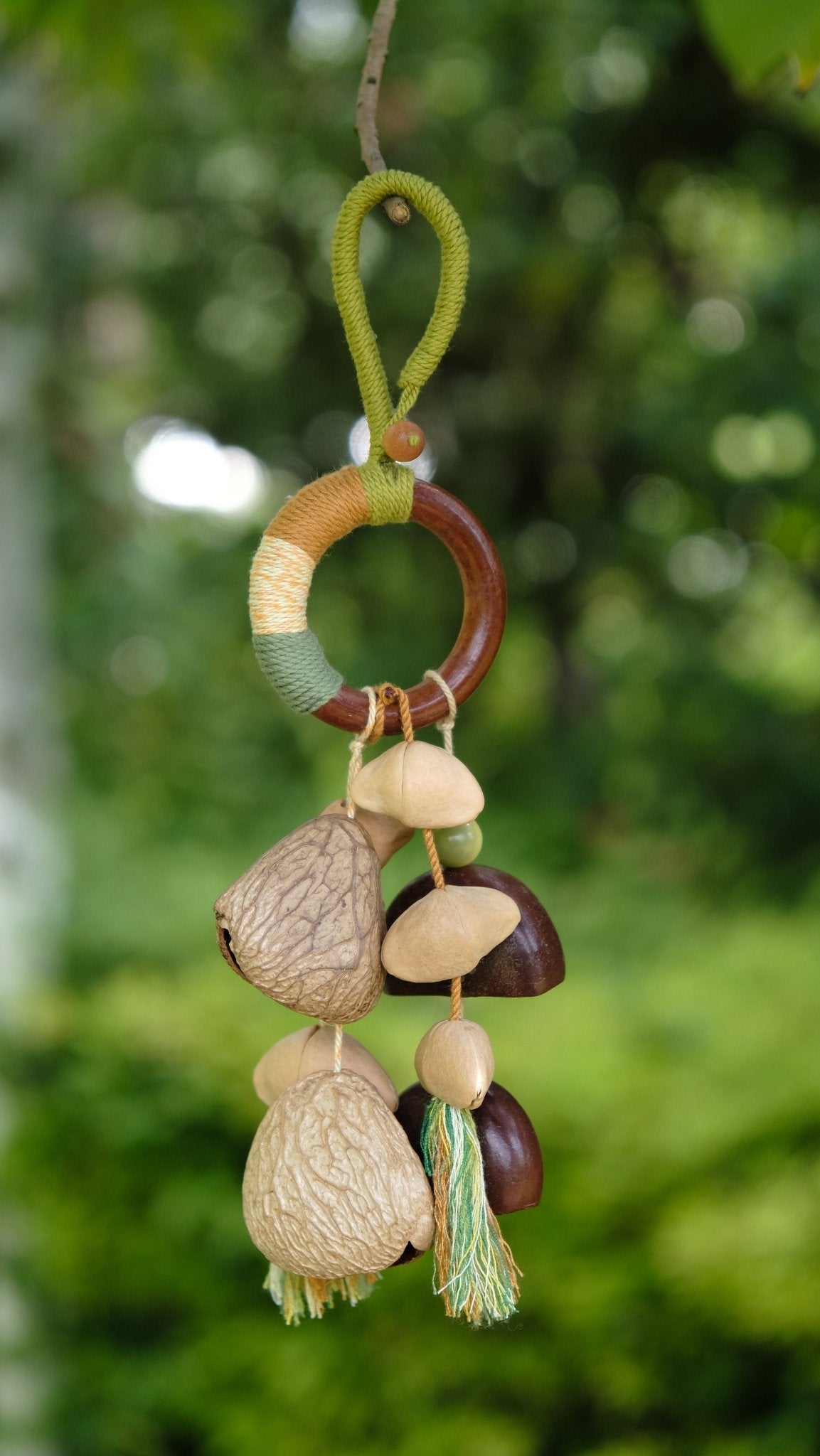 "The Woodland Ring" - Hand-Wrapped Totem Hoop & Nut Shell Bag Charm