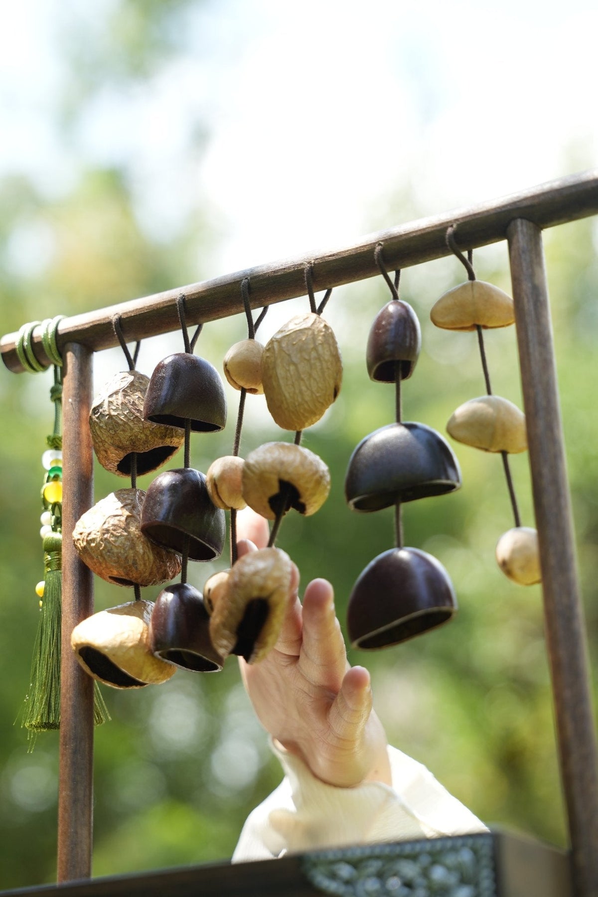 "The Zen Sanctuary" - Vintage Wood Tissue Box with Seed Wind Chime & Silver Relief