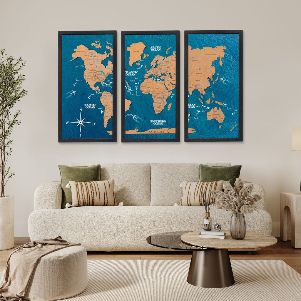 Cork world map triptych - White