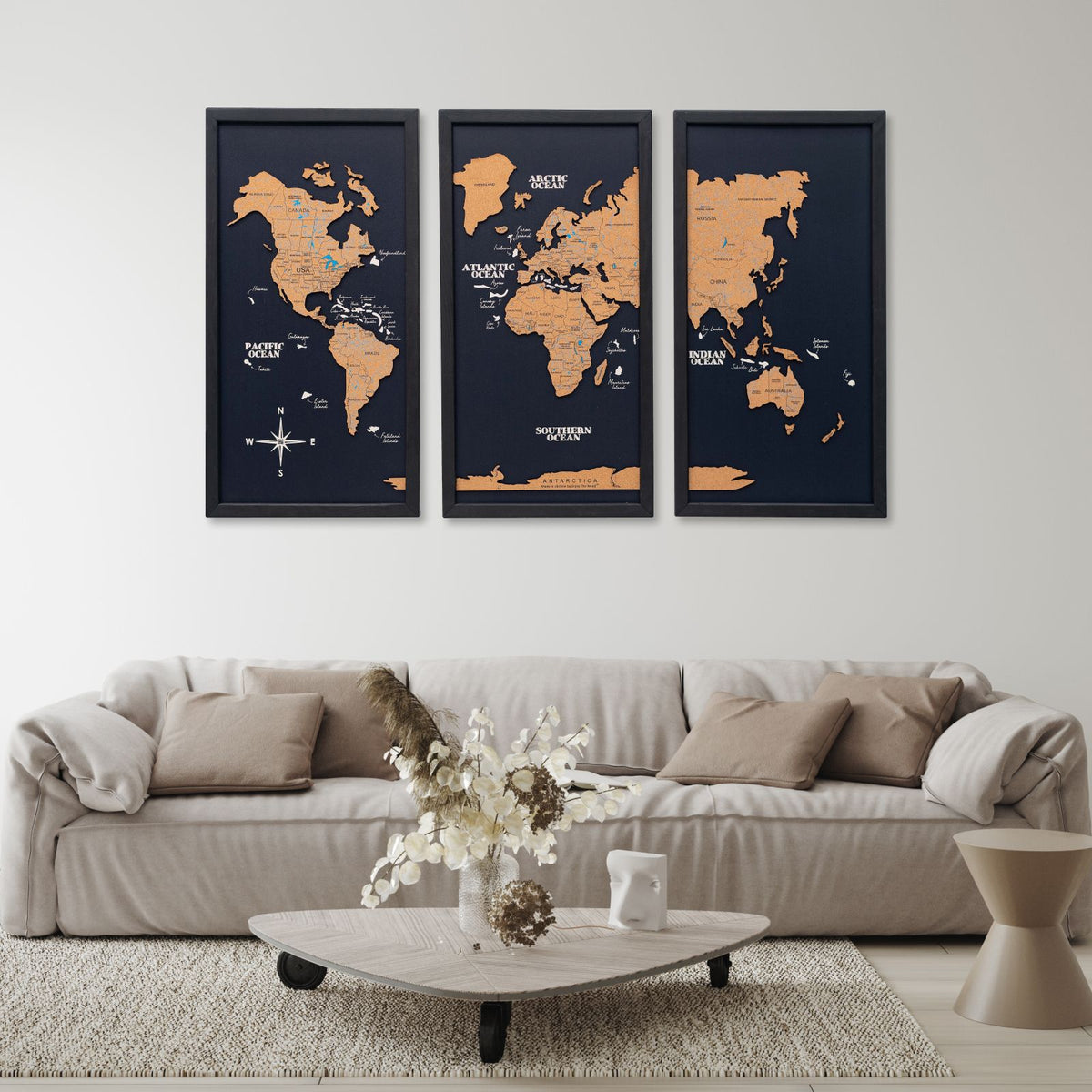 Cork world map triptych - White