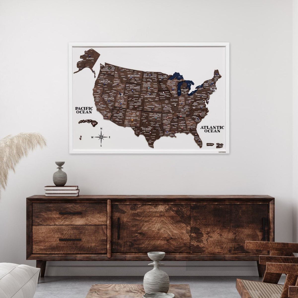 3D Wooden USA Map on Board Dark Walnut