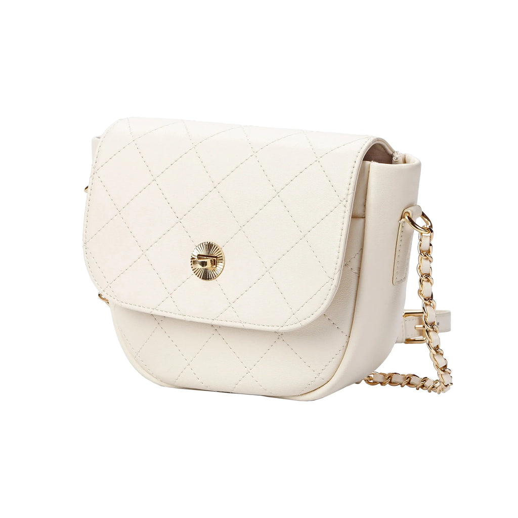 White Quilted Leather Crossbody Bag with Gold Chain Strap