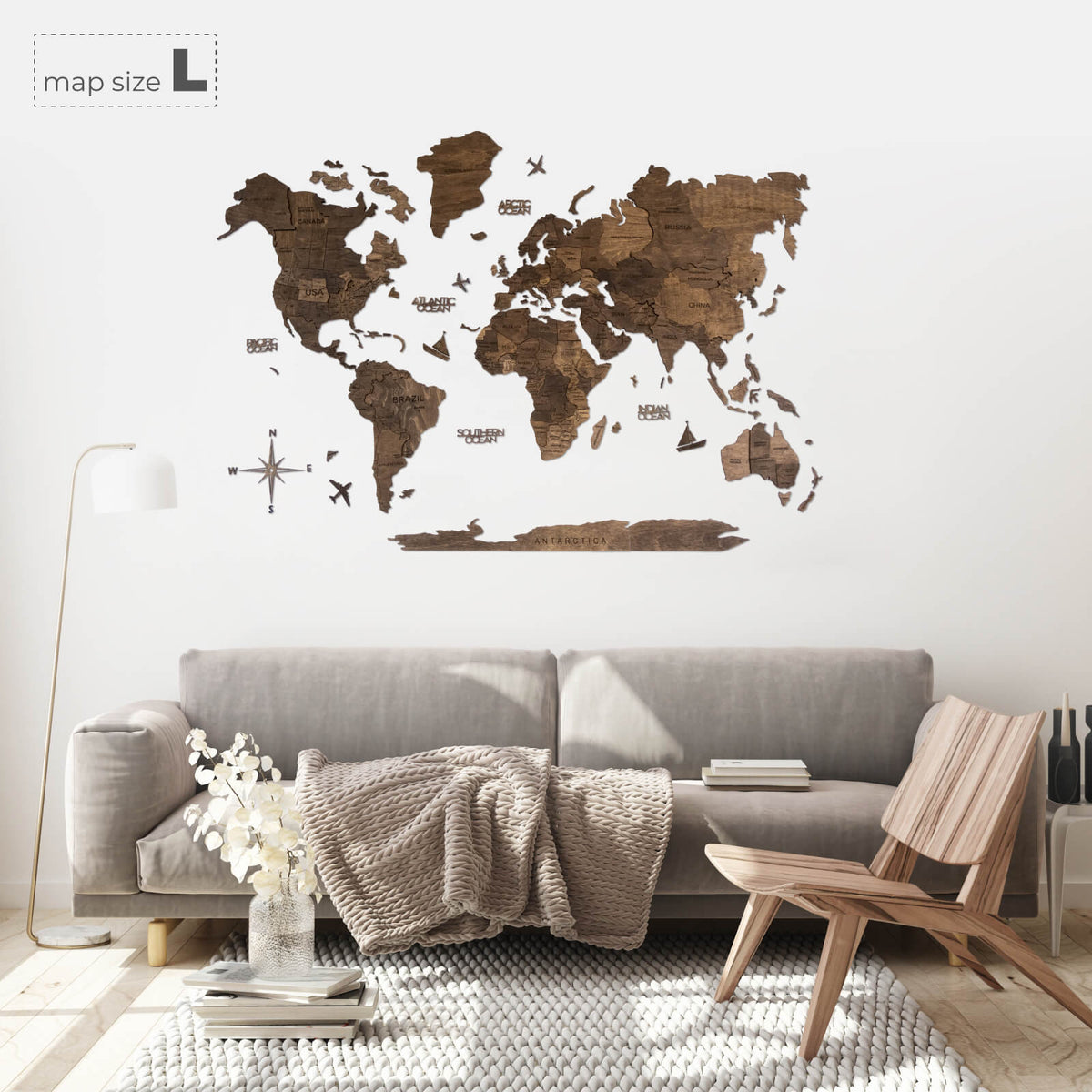 3D Wooden World Map Dark Walnut (for US only)